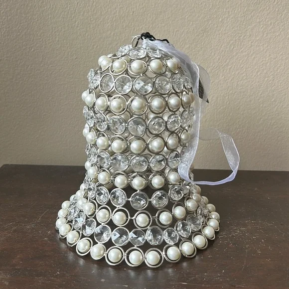 Rachel Zoe Faux Rhinestone & Pearl Christmas Bell New Silver White 8” Tall - Picture 2 of 2